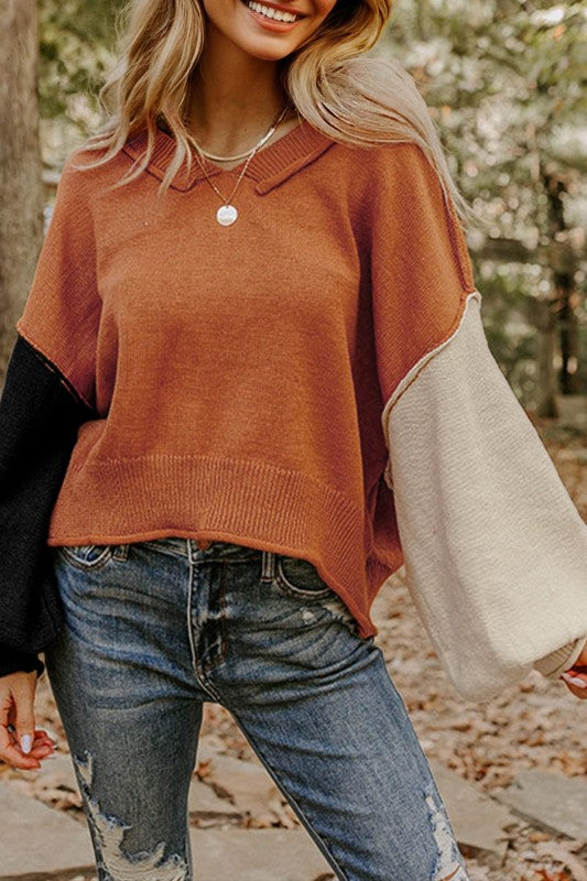 Colorblock Raw Edge Bubble Sleeve V-Neck Sweater