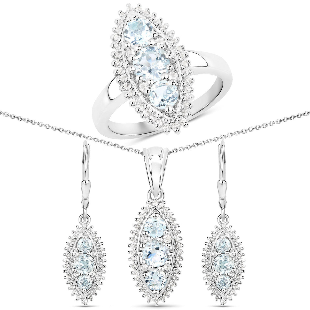 4.50 Carat Genuine Blue Topaz and White Topaz .925 Sterling Silver 3 Piece Jewelry Set (Ring, Earrings, and Pendant w/ Chain)