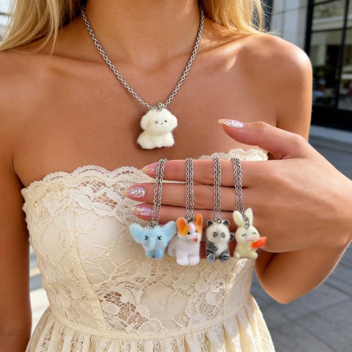 Cute 3D Flocked Resin Dog Pendant Necklace Autumn Winter Mini Animal Clavicle Chain