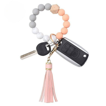 PU Tassel Keychain Bag charm Silicone Beaded Keychain Wristlet Key Ring Bracelet Cute Car Key Chain Holder for Women Girls