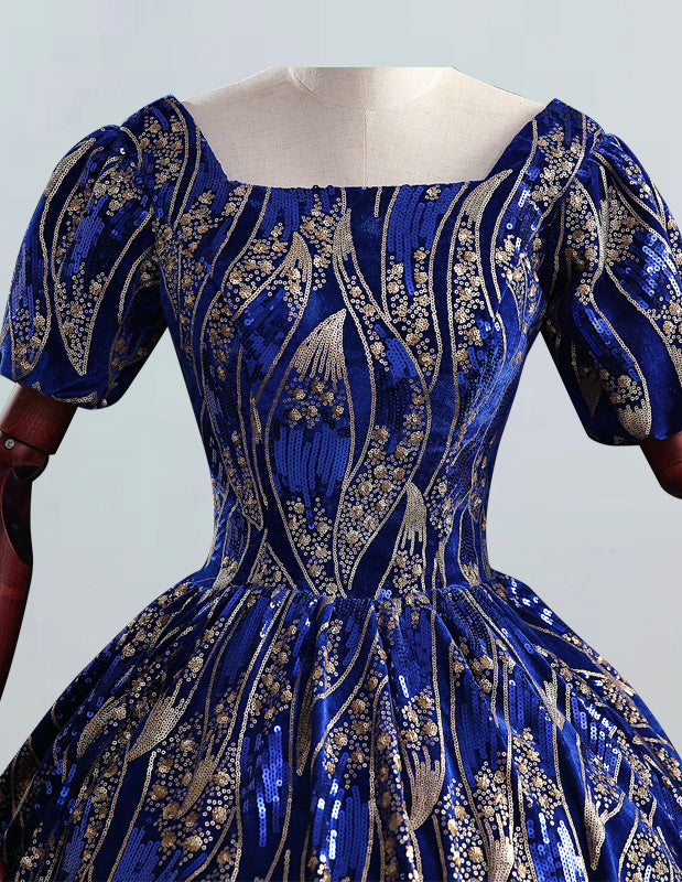Royal Blue Velvet Sequin Prom Gown | Square Collar Elegant Evening Dress