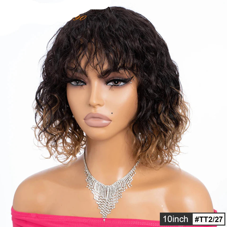 Short Wavy Bob Wig with Bangs | Natural Wave Full Machine Made Human Hair