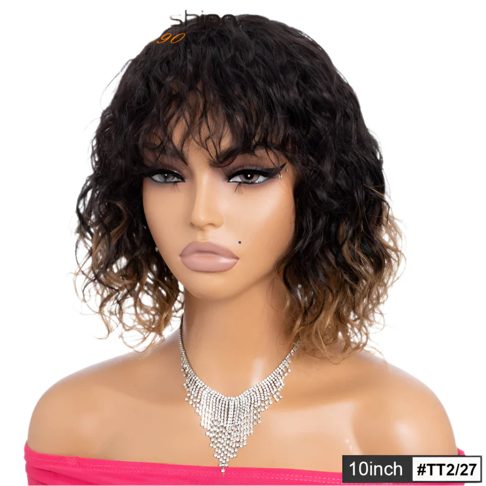 Rebecca Short Wavy & Curly Bob Wig | Human Hair with Bangs & Water Wave Texture