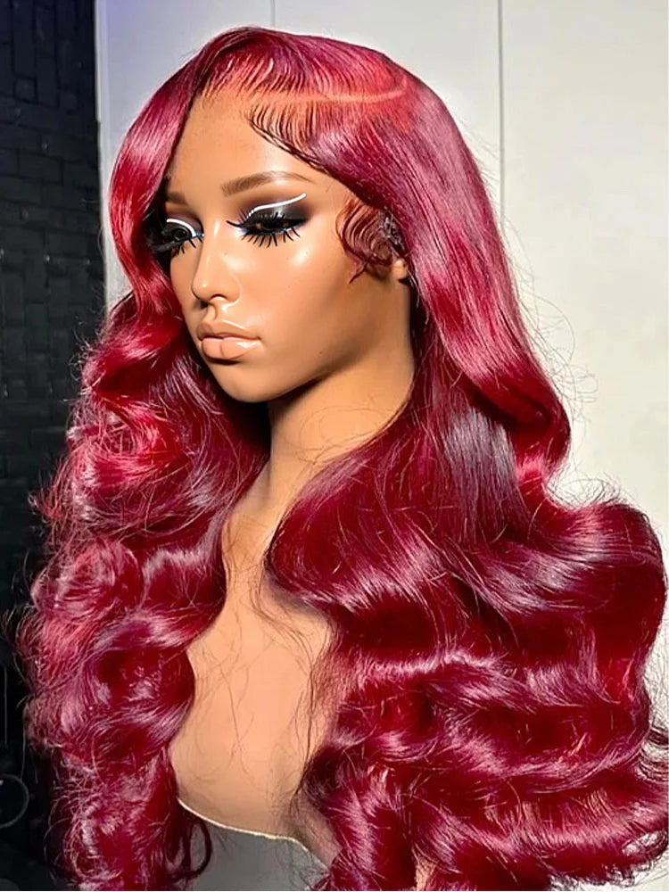 Burgundy 99J Red Body Wave Lace Front Wig | 30 Inch 200% Density Brazilian Remy HD Transparent Lace Frontal for Women