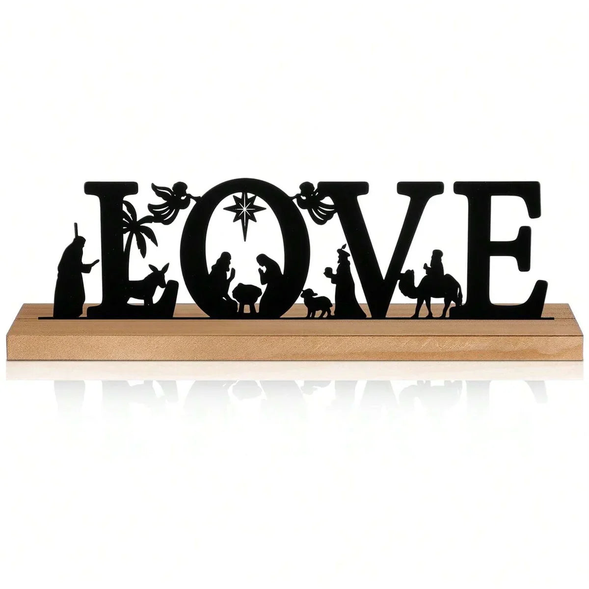 1pc Metal Ornaments for Christmas Decorations Black Metal Nativity Scene with Wooden Base for Home Office Shelf Table Decor
