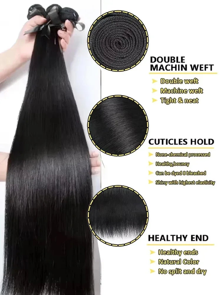 YKB 30 40 Inch Bone Straight Indian Virgin Remy Human Hair Bundles Deal | 12A Raw Hair Extensions | Natural Color | 3 or 4 Bundles