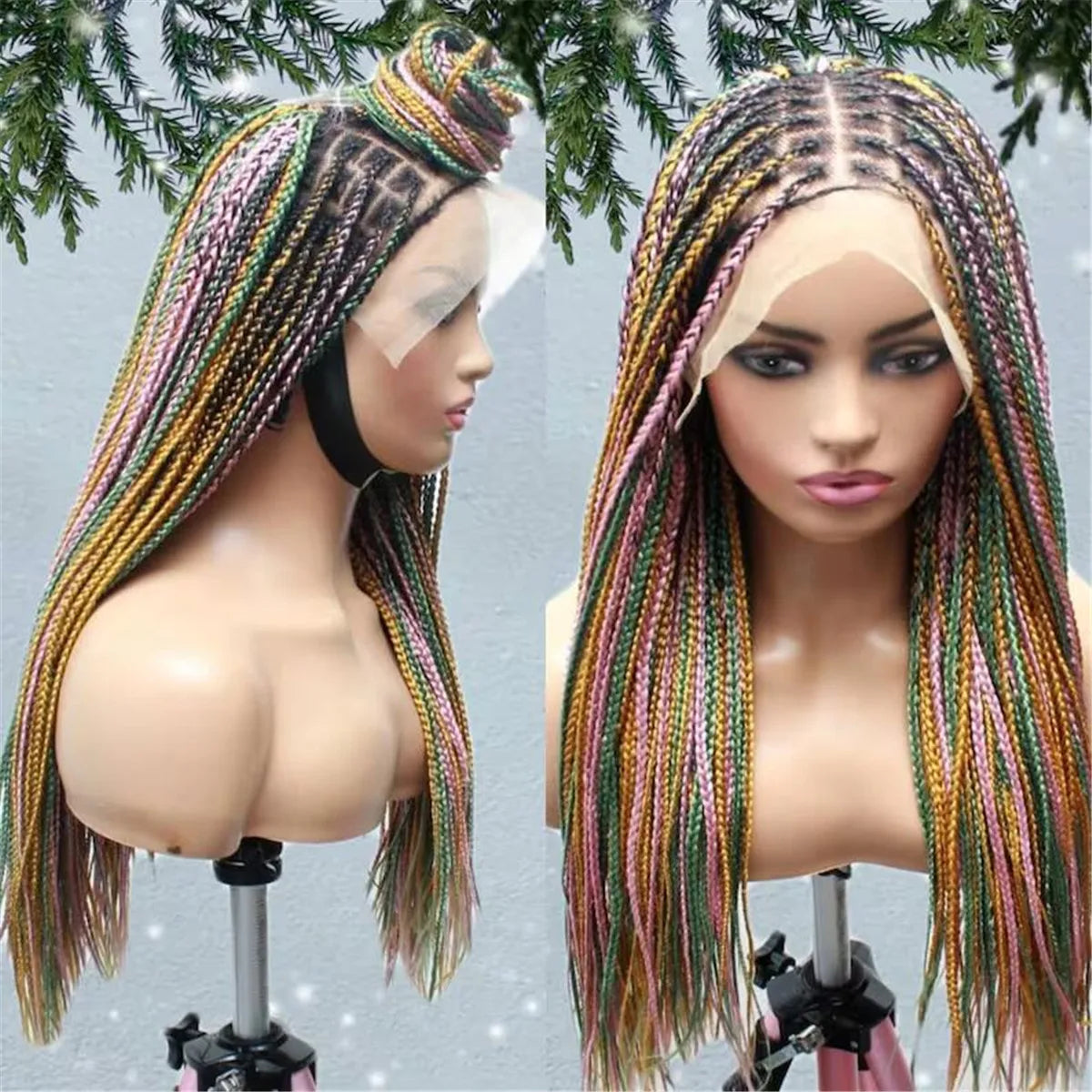Multi-Color Knotless Box Braids Wig - Lace Frontal Braided Wig - Glueless Braids Wig - Synthetic Braided Wig for Black Women
