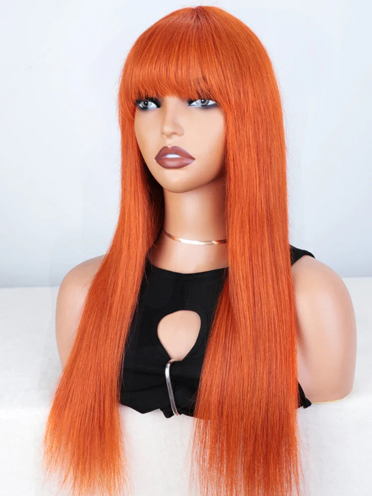 Dirty Pink Straight Human Hair Wig with Bangs | Full Machine Made Brazilian Remy for Women (Wear & Go)