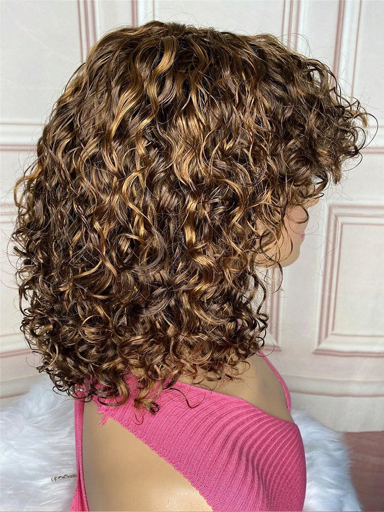 Rebecca 180% Density Highlight Kinky Curly Bob Wig with Bangs | Short Human Hair Full Machine Made