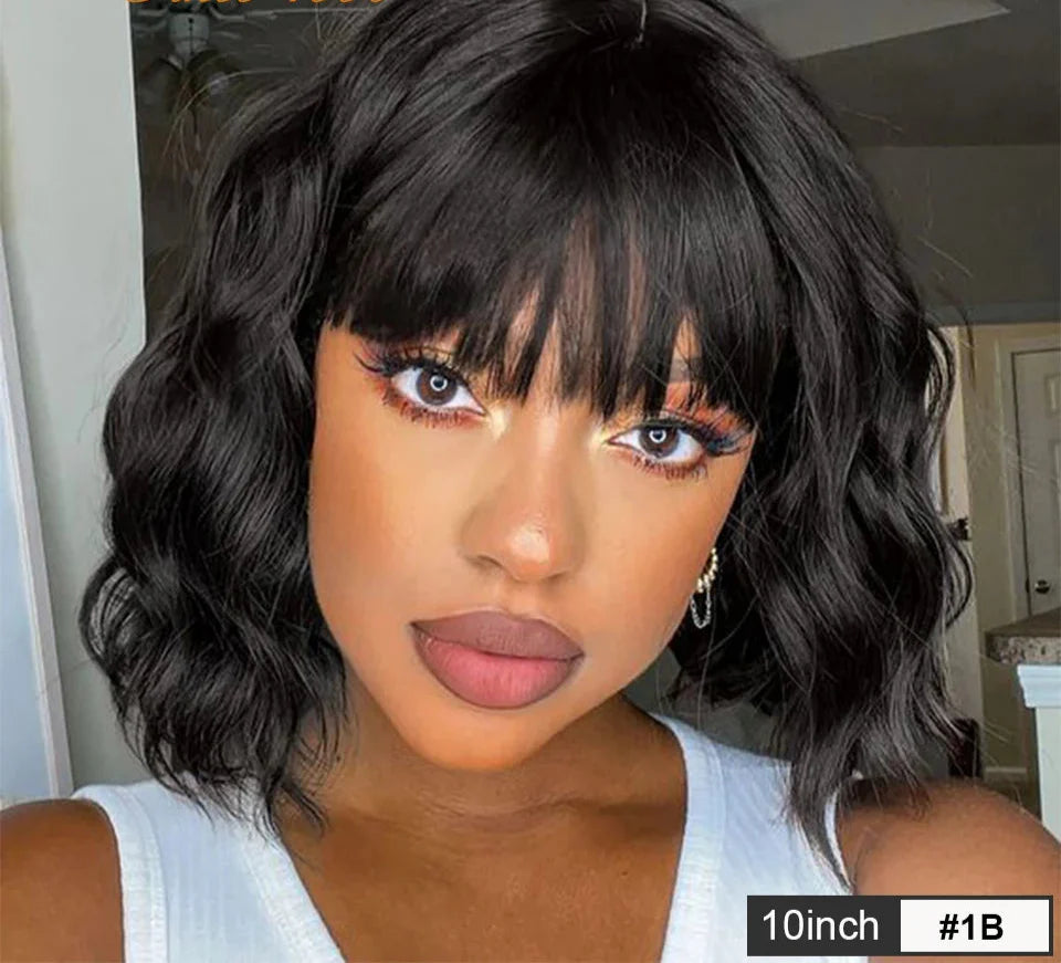Short Wavy Bob Wig with Bangs | Natural Wave Full Machine Made Human Hair