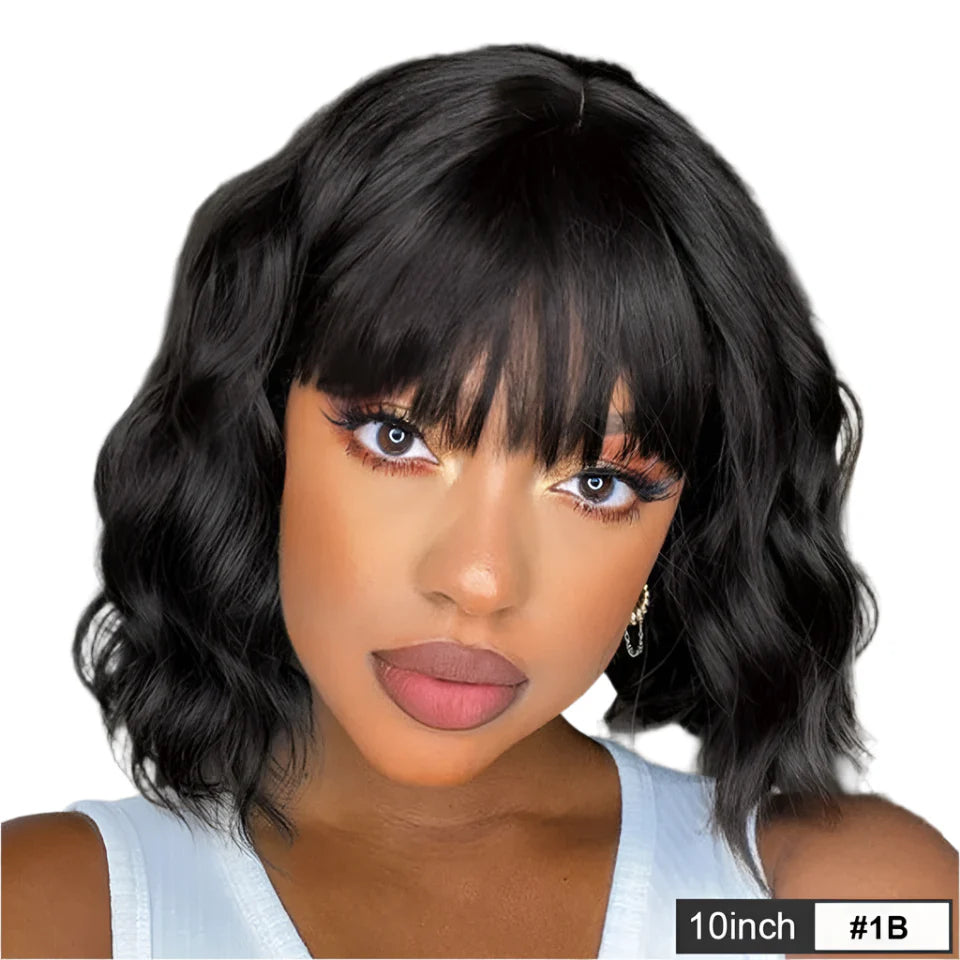 Rebecca Short Wavy & Curly Bob Wig | Human Hair with Bangs & Water Wave Texture