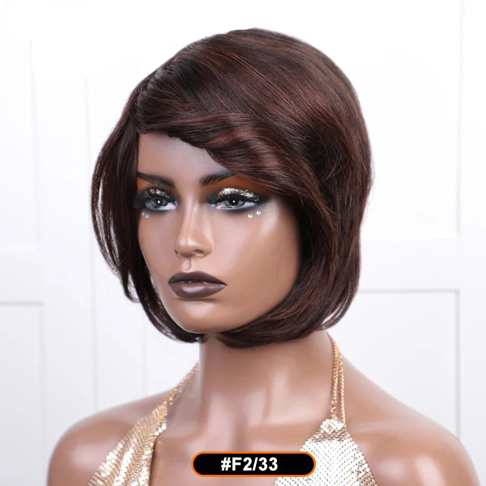 Pixie Cut Bob Wig | Straight Human Hair with Long Side Part Bangs