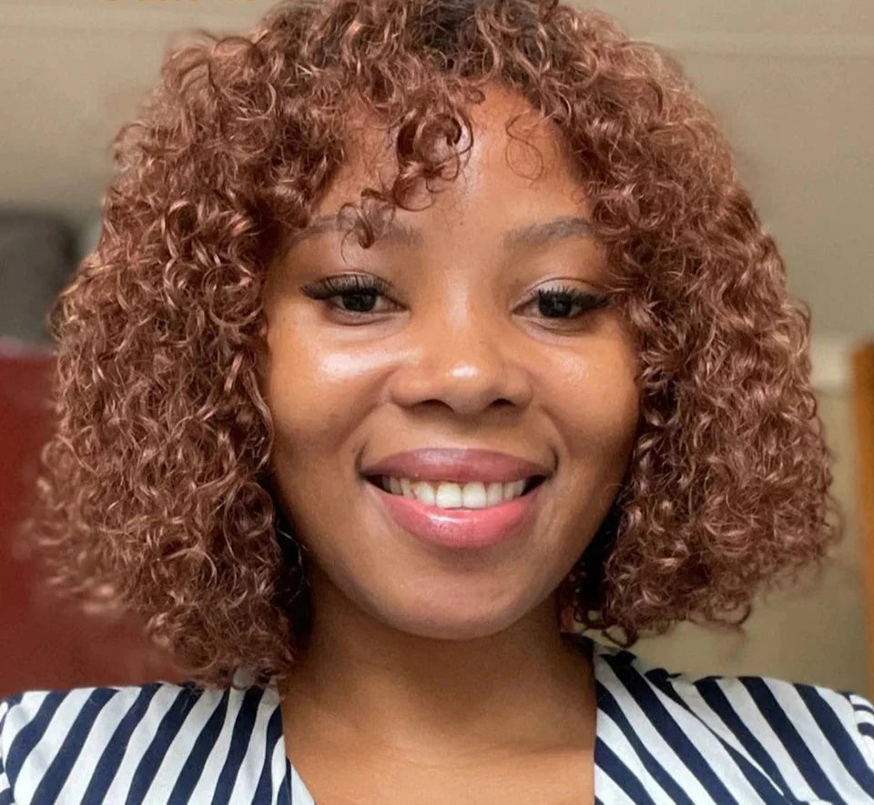 Brown Ombre Afro Kinky Curly Bob Human Hair Wig with Bangs | Brazilian Remy Loose Deep Wavy Wigs for Women