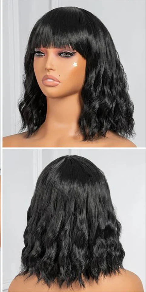 Rebecca Short Wavy & Curly Bob Wig | Human Hair with Bangs & Water Wave Texture