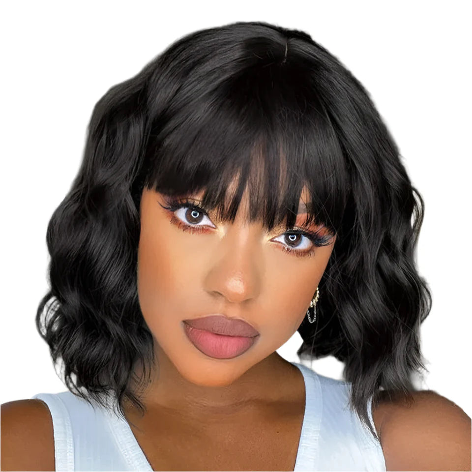 Rebecca Short Wavy & Curly Bob Wig | Human Hair with Bangs & Water Wave Texture