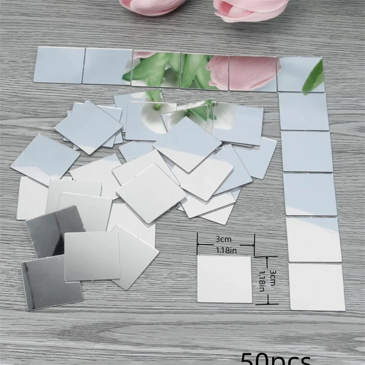 50pcs Mini Square Silver 3cm Glass Mirror Tiles Small True Glass Mosaic for DIY Crafts Art Supplies, Home Wall Door Decor