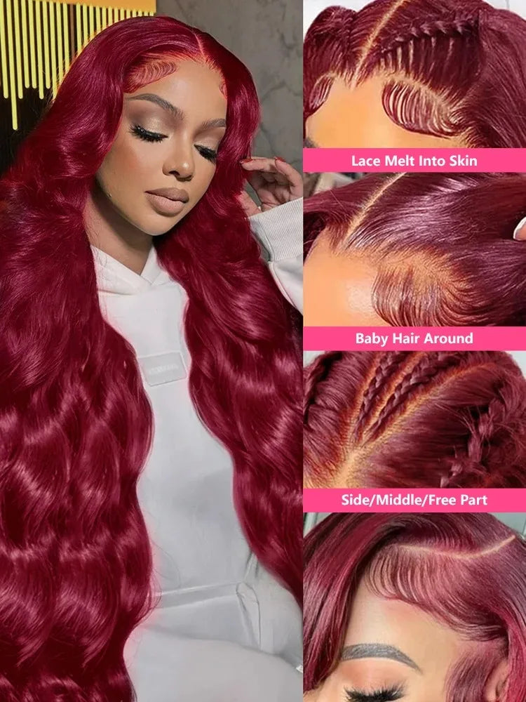 Burgundy 99J Red Body Wave Lace Front Wig | 30 Inch 200% Density Brazilian Remy HD Transparent Lace Frontal for Women