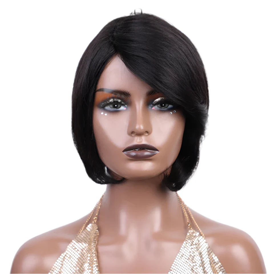 Pixie Cut Bob Wig | Straight Human Hair with Long Side Part Bangs