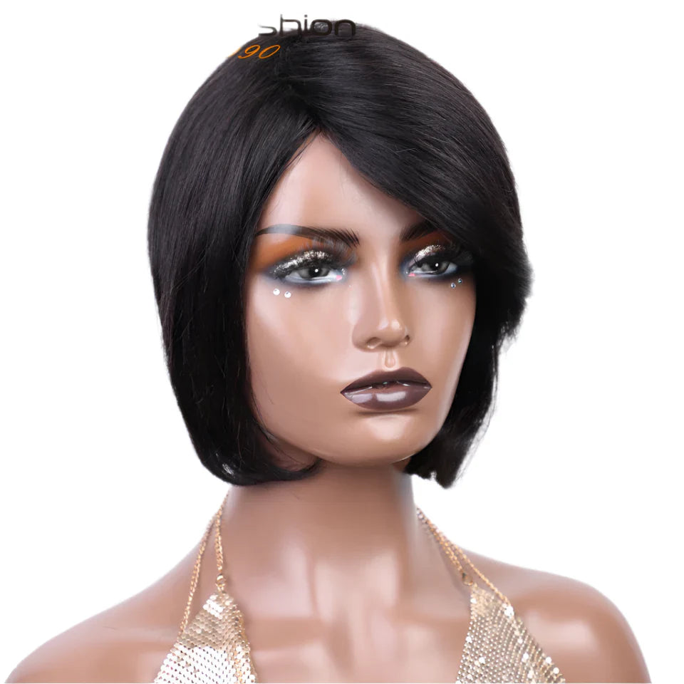 Pixie Cut Bob Wig | Straight Human Hair with Long Side Part Bangs