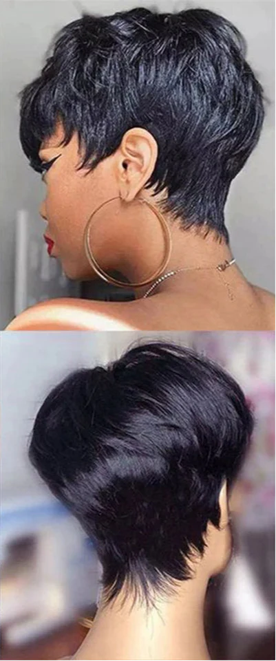 Burgundy Red & Brown Pixie Short Cut Bob Wig with Bangs | Straight Human Hair Machine Made