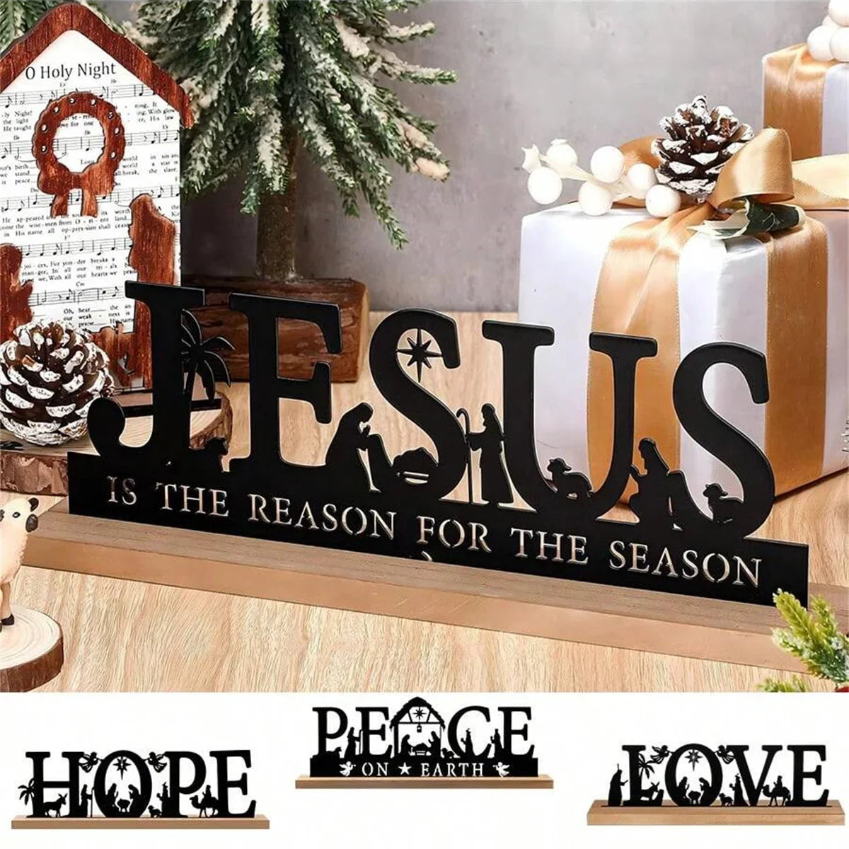 1pc Metal Ornaments for Christmas Decorations Black Metal Nativity Scene with Wooden Base for Home Office Shelf Table Decor
