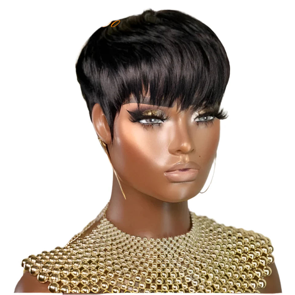 Burgundy Red & Brown Pixie Short Cut Bob Wig with Bangs | Straight Human Hair Machine Made