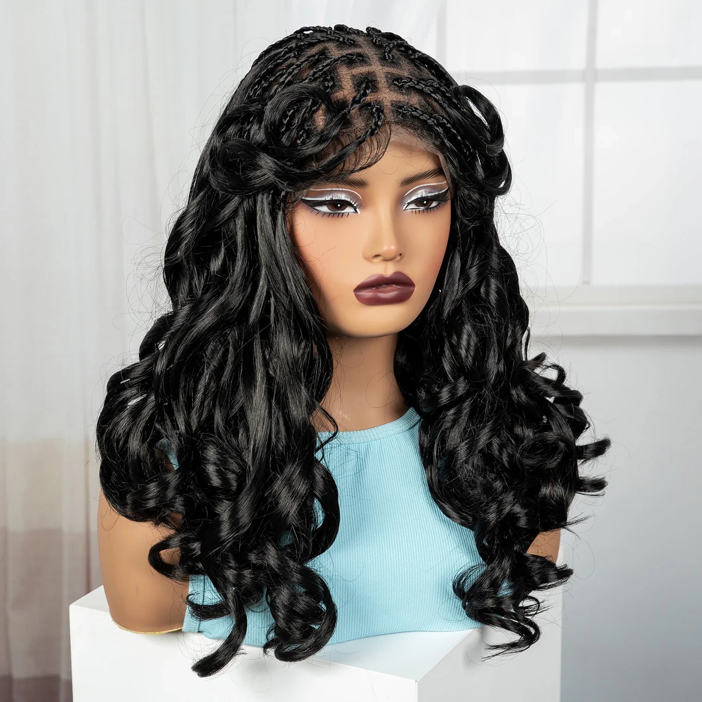 18" #27 Ombre Bouncy Wavy Braided Wig with Bangs | Knotless Box Braids | Full Lace Synthetic Wig with Baby Hair