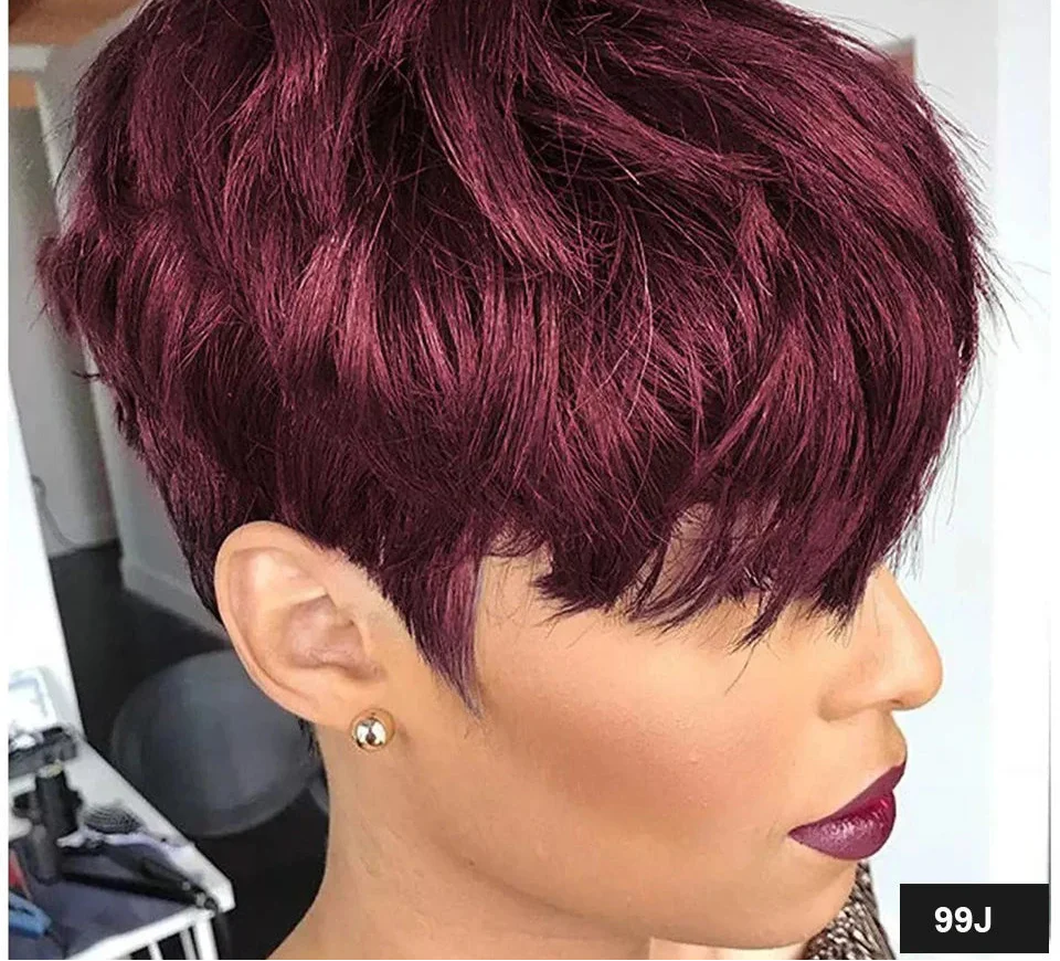 Burgundy Red & Brown Pixie Short Cut Bob Wig with Bangs | Straight Human Hair Machine Made