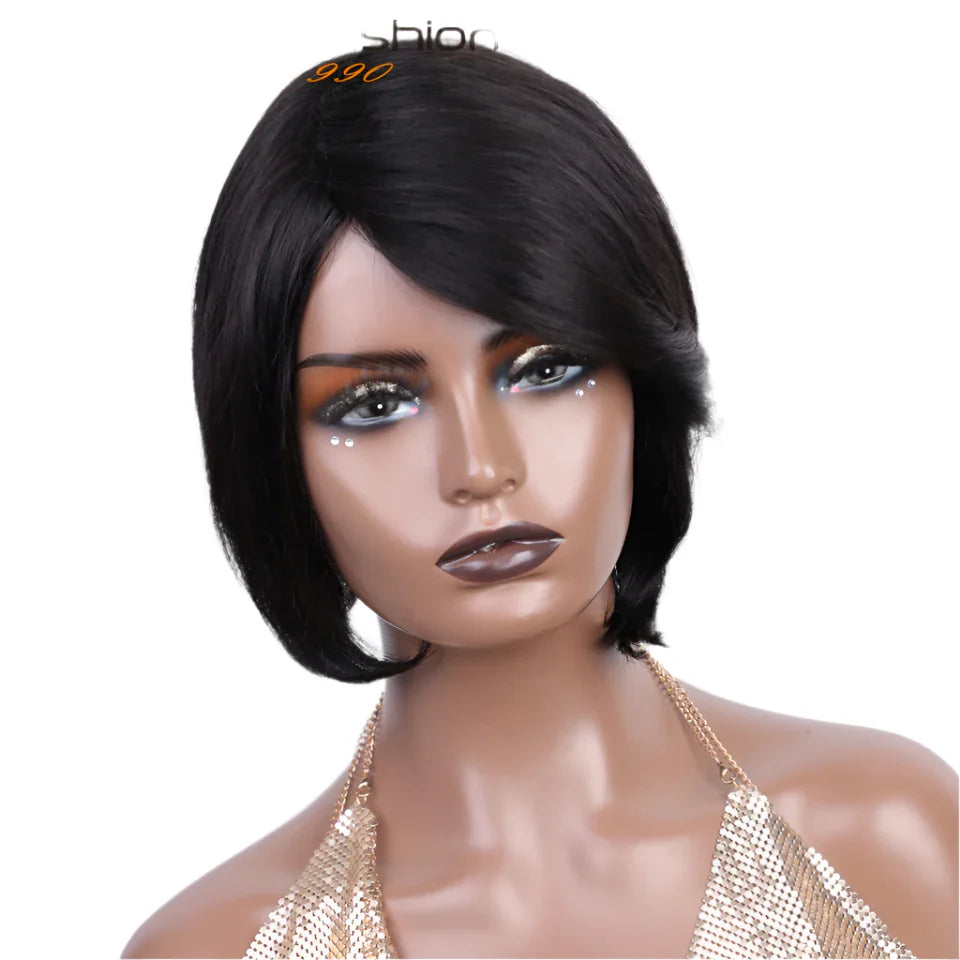 Pixie Cut Bob Wig | Straight Human Hair with Long Side Part Bangs