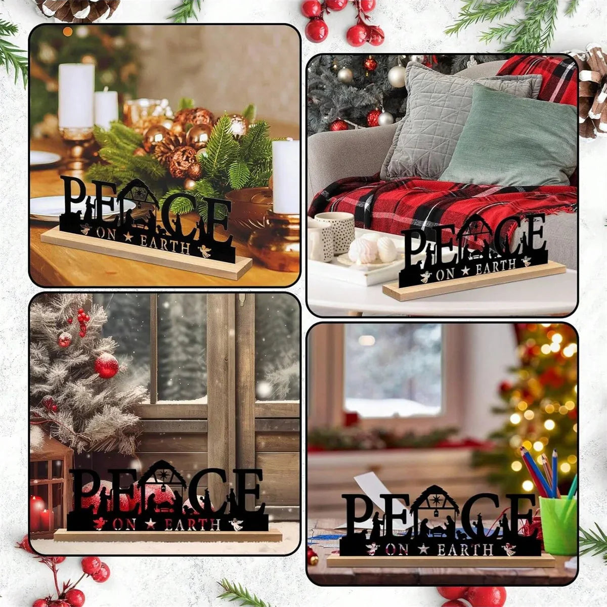 1pc Metal Ornaments for Christmas Decorations Black Metal Nativity Scene with Wooden Base for Home Office Shelf Table Decor