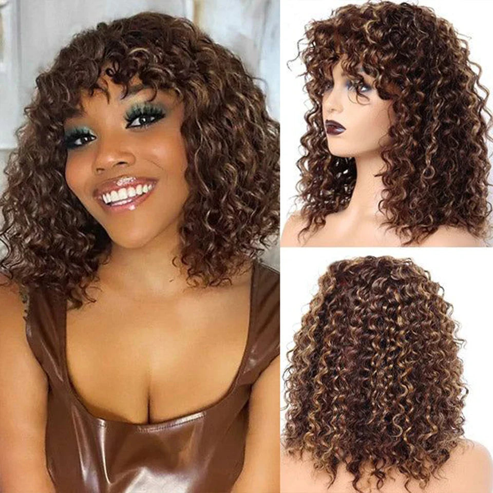 Jerry Curly Short Pixie Bob Wig with Bangs | Full Machine Made Remy Human Hair for Black Women