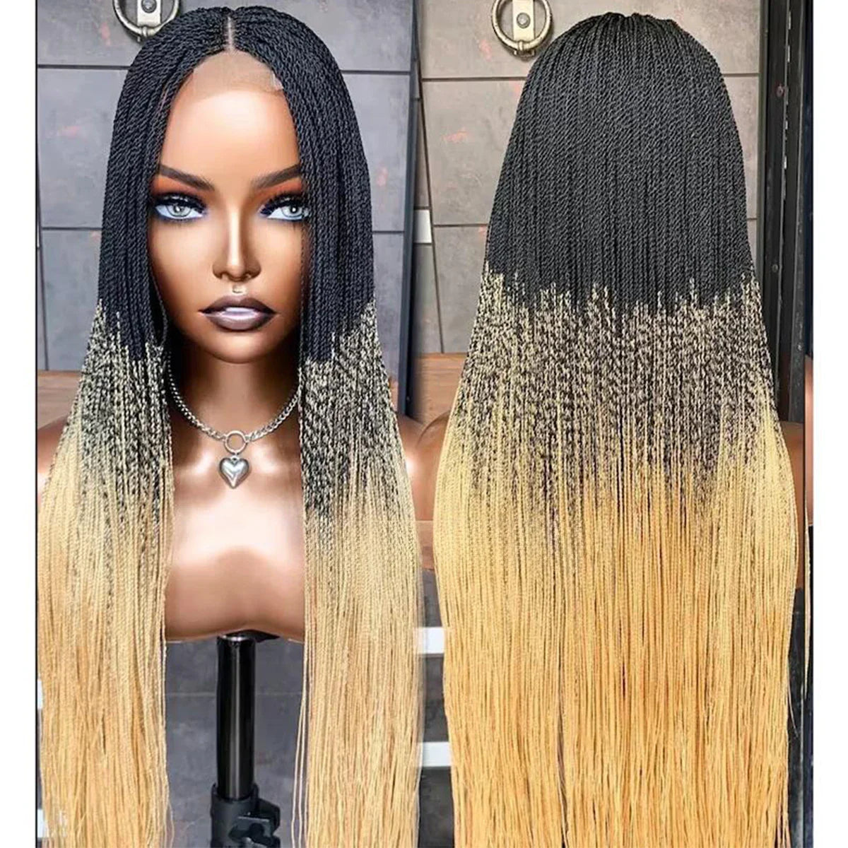 Micro Twist Nano Braided Wig - Black & Gold Million Braids Lace Closure Wig - Boho Locs Braided Wig for Black Women