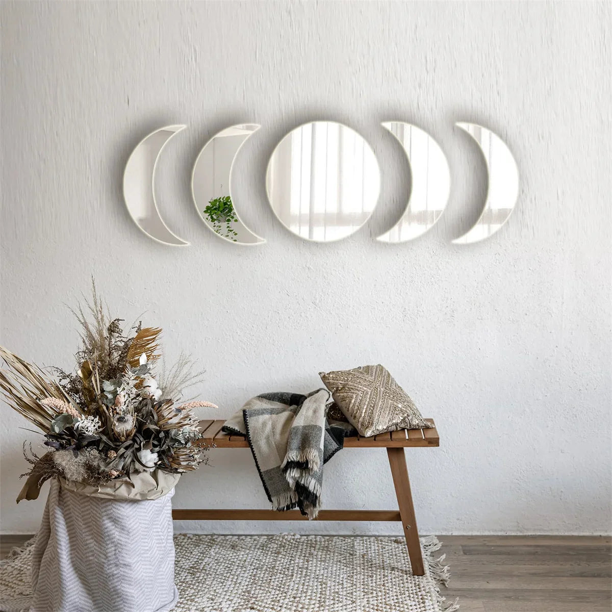 5PCS Moon Phase Design Acrylic Mirror Wall Sticker Self Adhesive Mirror Wall Decal Wall Decor for Home Living Room Bedroom Or