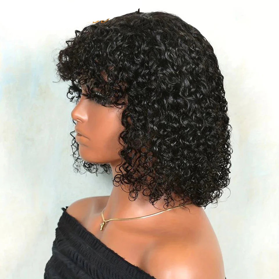 Brazilian Jerry Curly Human Hair Bob Wig with Bangs | Natural Highlight Honey Water Wave Kinky Curly Wigs for Women