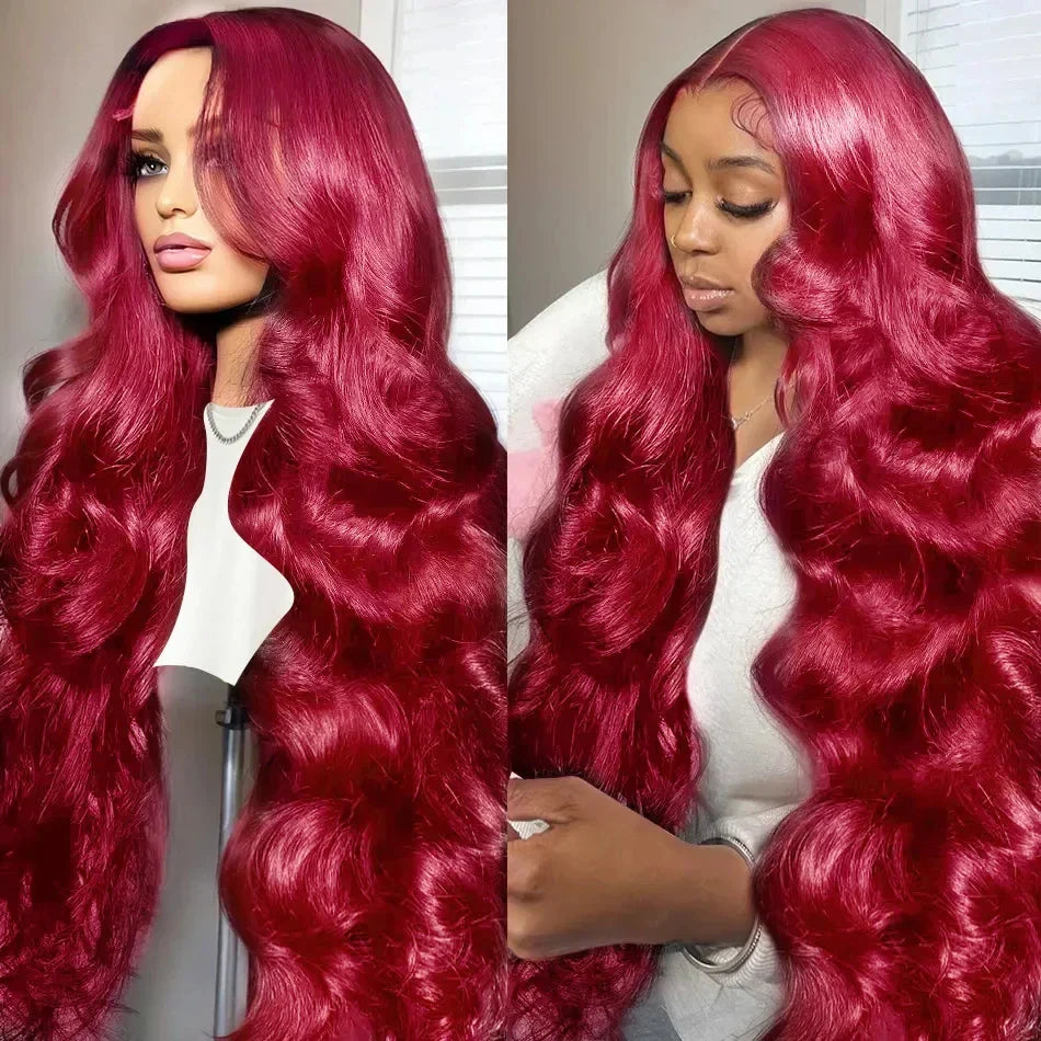 Burgundy 99J Red Body Wave Lace Front Wig | 30 Inch 200% Density Brazilian Remy HD Transparent Lace Frontal for Women