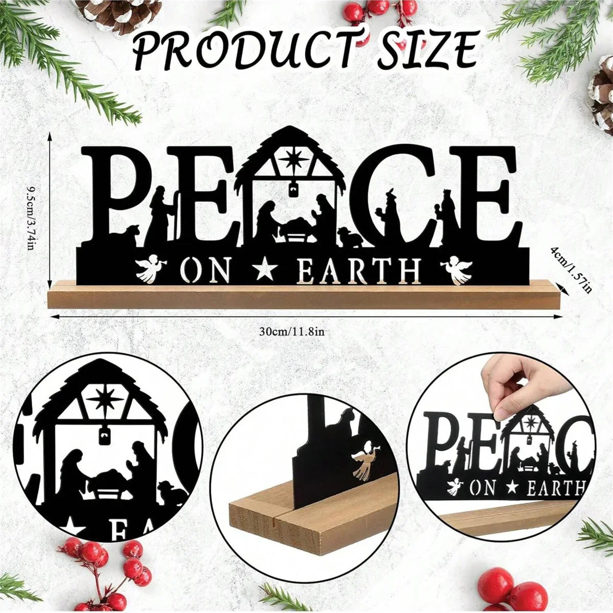 1pc Metal Ornaments for Christmas Decorations Black Metal Nativity Scene with Wooden Base for Home Office Shelf Table Decor