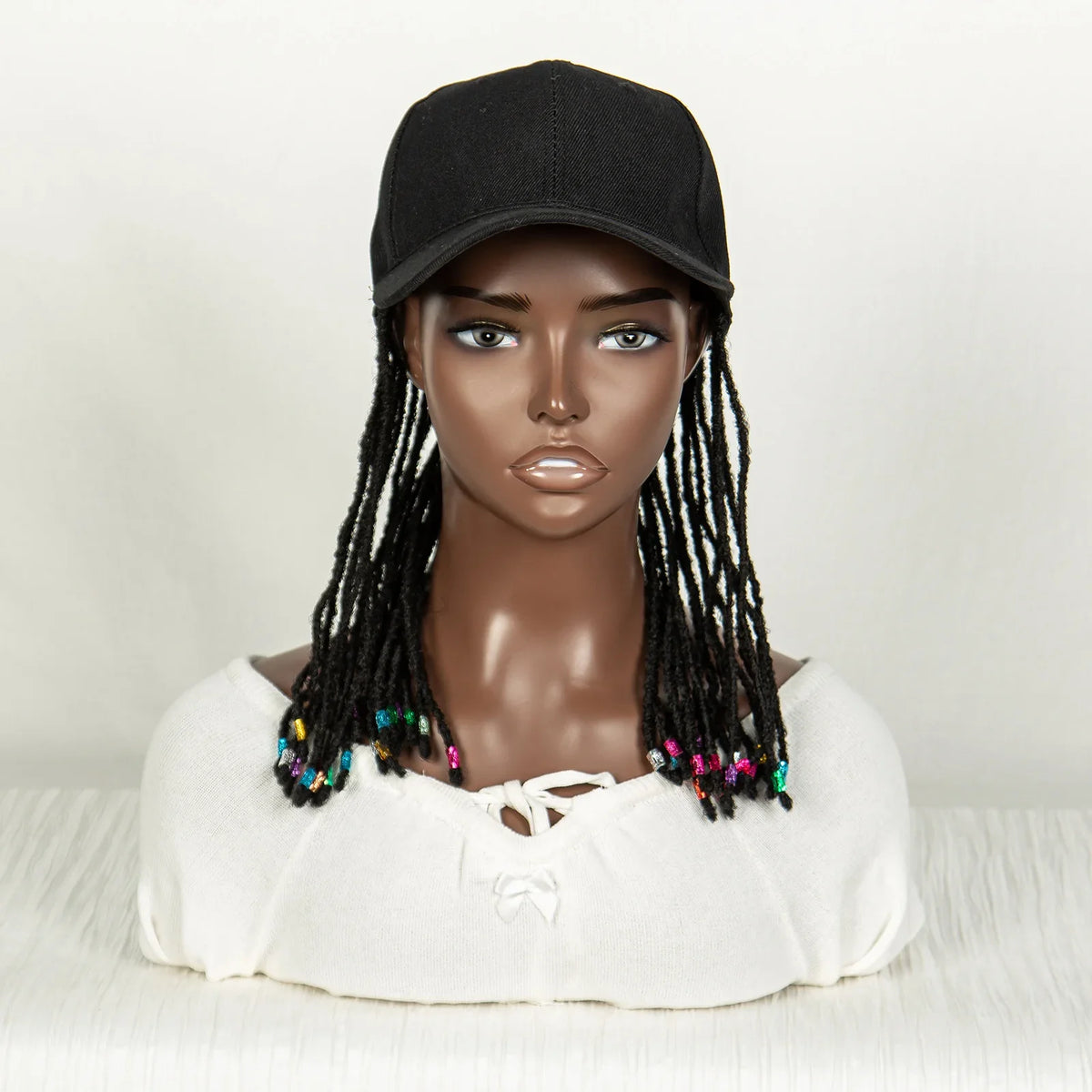Short Knotless Box Braids Hat Wig with Colored Beads | Adjustable Cap