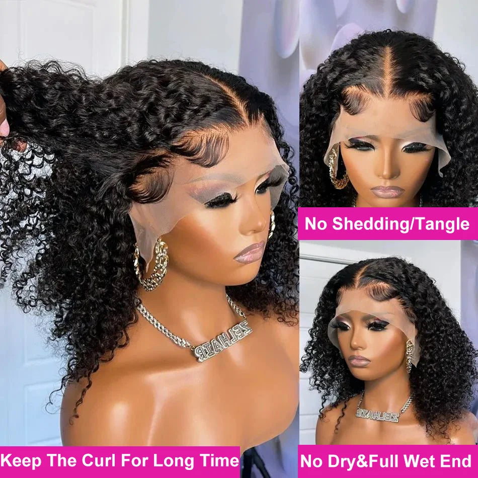 200% Density Short Curly Bob Wig 13x4 Lace Front Wet & Wavy Deep Wave Brazilian Remy Human Hair 4x4 Closure
