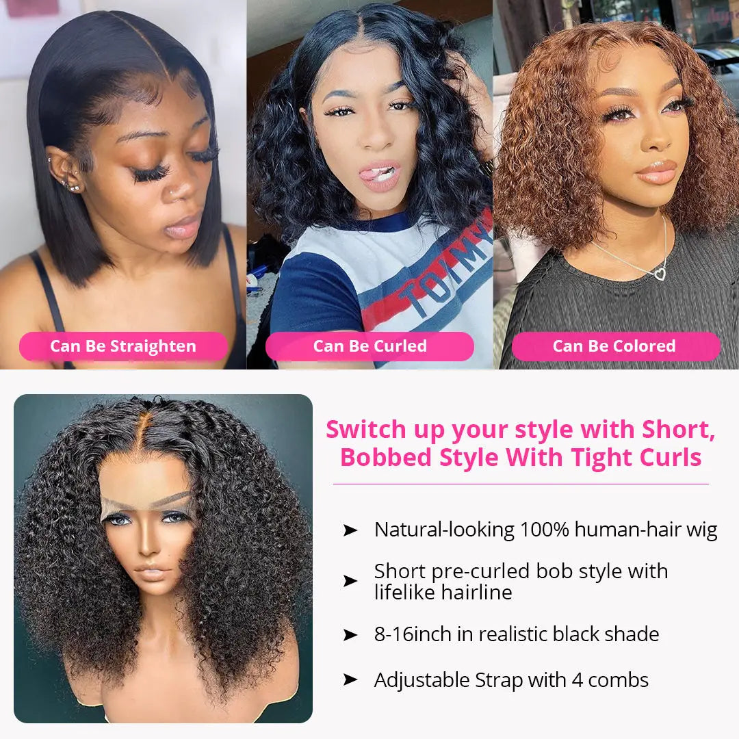 200% Density Short Curly Bob Wig 13x4 Lace Front Wet & Wavy Deep Wave Brazilian Remy Human Hair 4x4 Closure