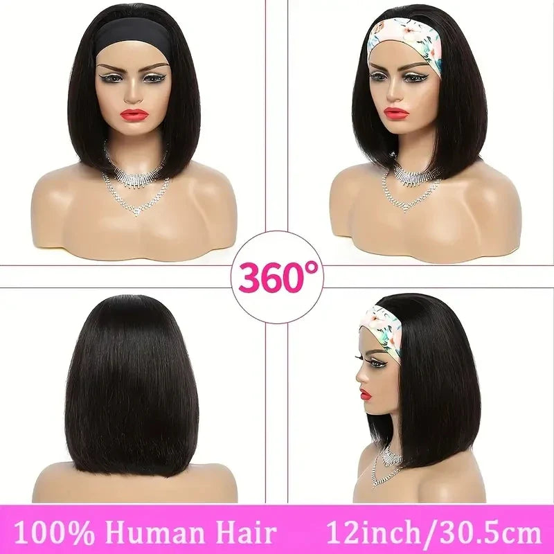 Straight Bob Headband Wig | 100% Brazilian Remy Human Hair Short Machine Made Bob Wigs for Women (All Colors)