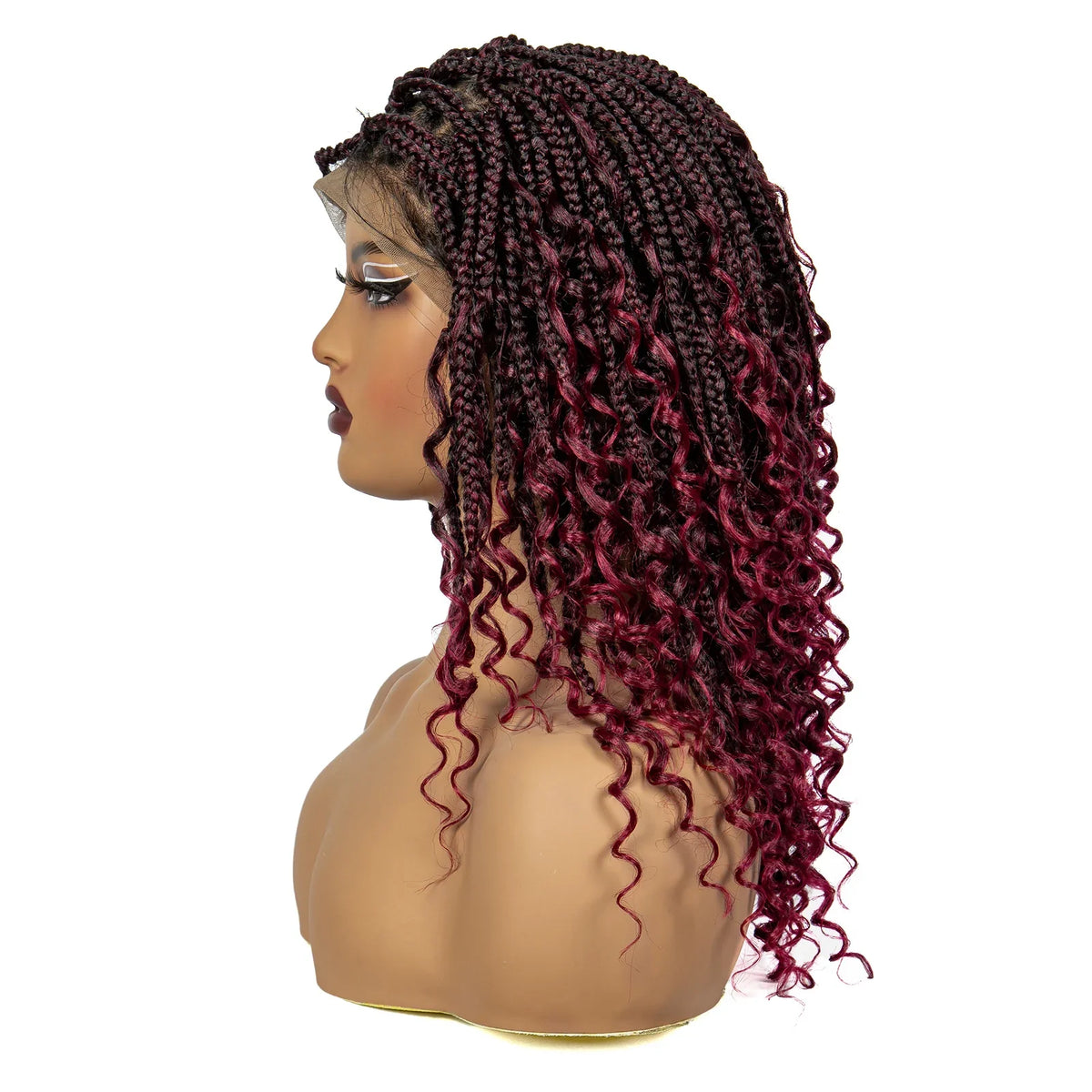 Burgundy Curly Ends Knotless Braids Bob Wig | 99J | Full Lace | Boho Style