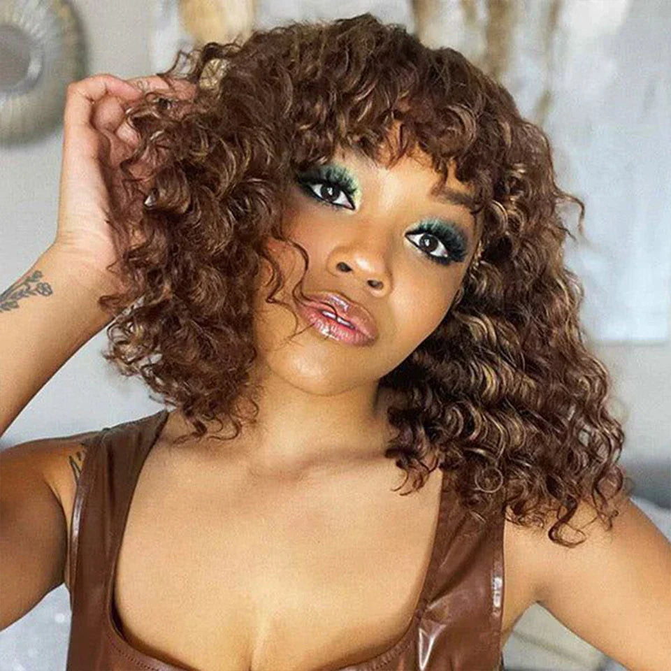 Jerry Curly Short Pixie Bob Wig with Bangs | Full Machine Made Remy Human Hair for Black Women