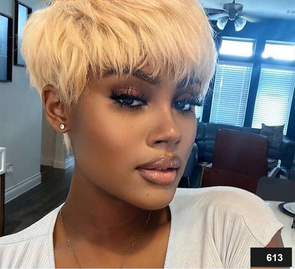 Burgundy Red & Brown Pixie Short Cut Bob Wig with Bangs | Straight Human Hair Machine Made