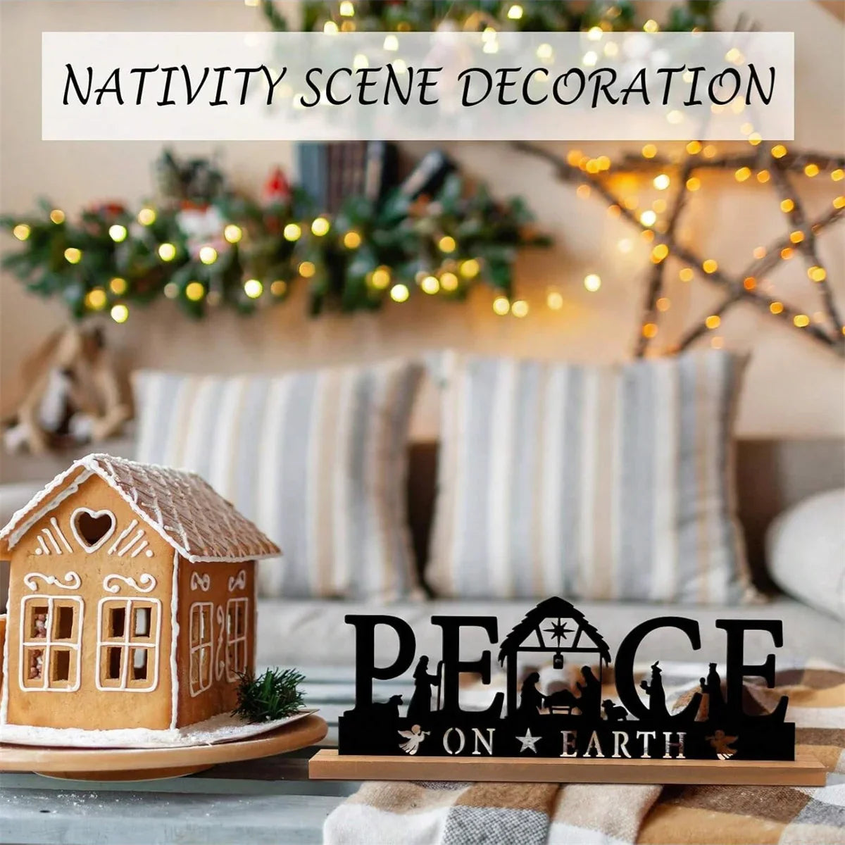 1pc Metal Ornaments for Christmas Decorations Black Metal Nativity Scene with Wooden Base for Home Office Shelf Table Decor