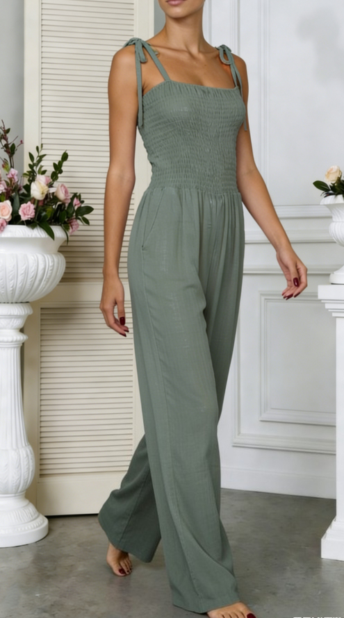 Square Neck Smocked Wide-Leg Jumpsuit