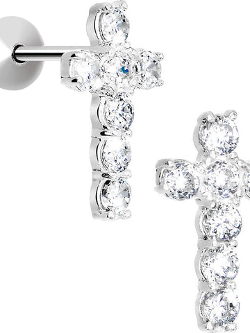 .925 Sterling Silver Clear CZ Cross Youth Screwback Earrings