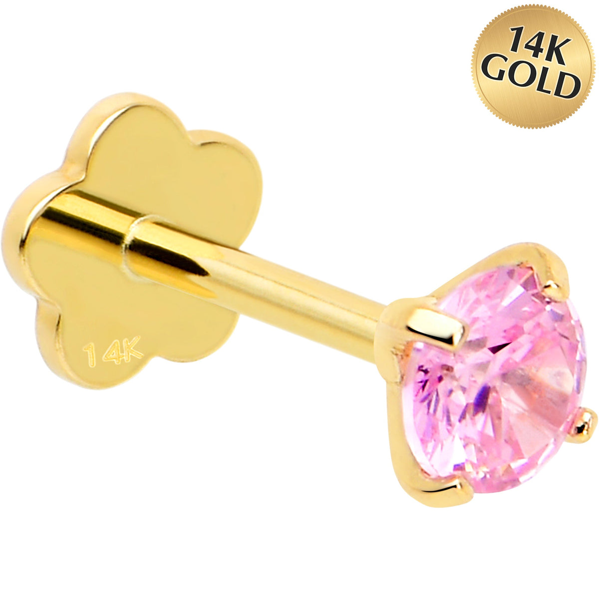 14k Yellow Gold Flat Back Earring 20G 4mm Pink CZ Floral Reversible