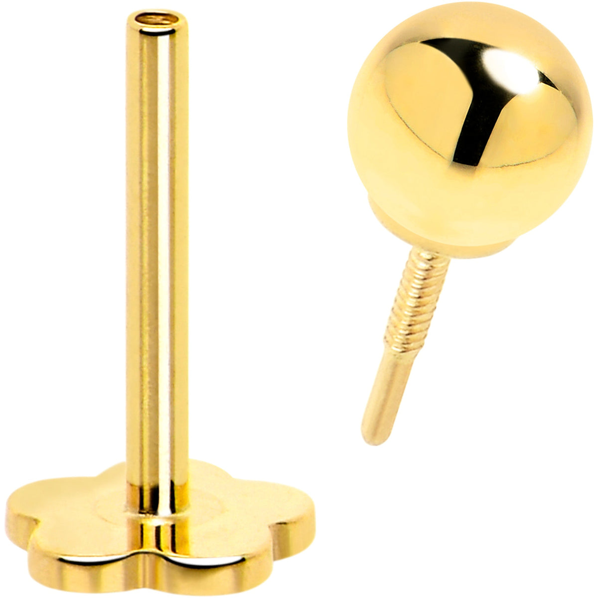14k Yellow Gold Flat Back Earring 20G 3mm Ball Floral Reversible