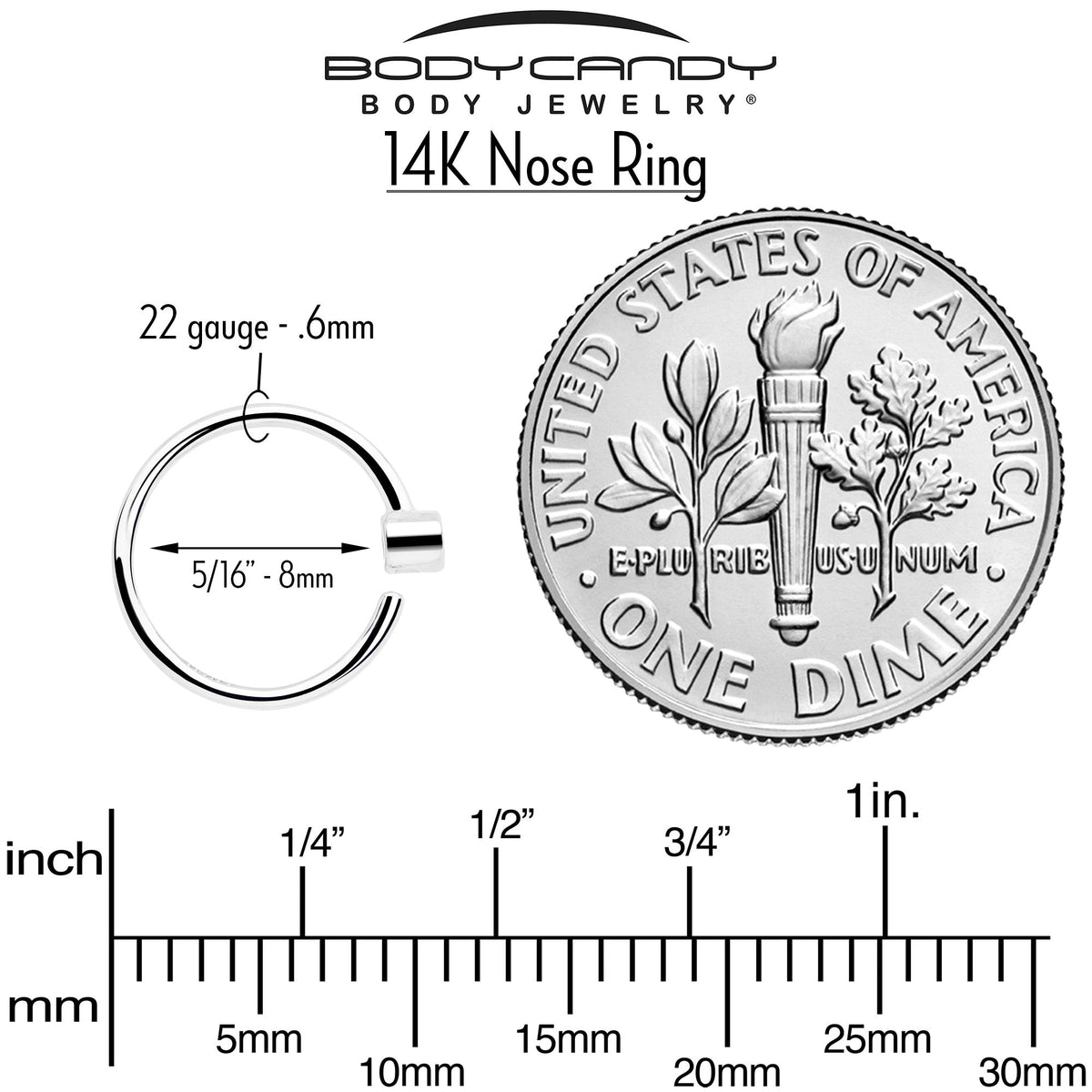 14k Solid White Gold Bendable Nose Hoop 22G 5/16 with Bezel CZ