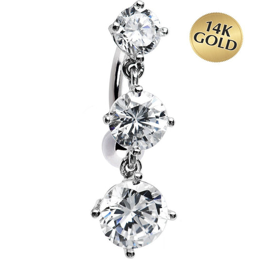 16G Solid 14k White Gold Top Mount CZ Belly Ring